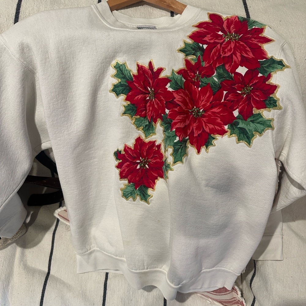 Vintage 90s Christmas Sweater with Fabric Flower & Glitter Glue